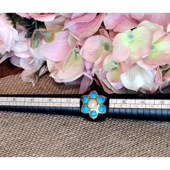 Vintage Mahogany Hardwood Wooden Shank Genuine Pearl, Faux Turquoise 80's Ring - Picture 9 of 9